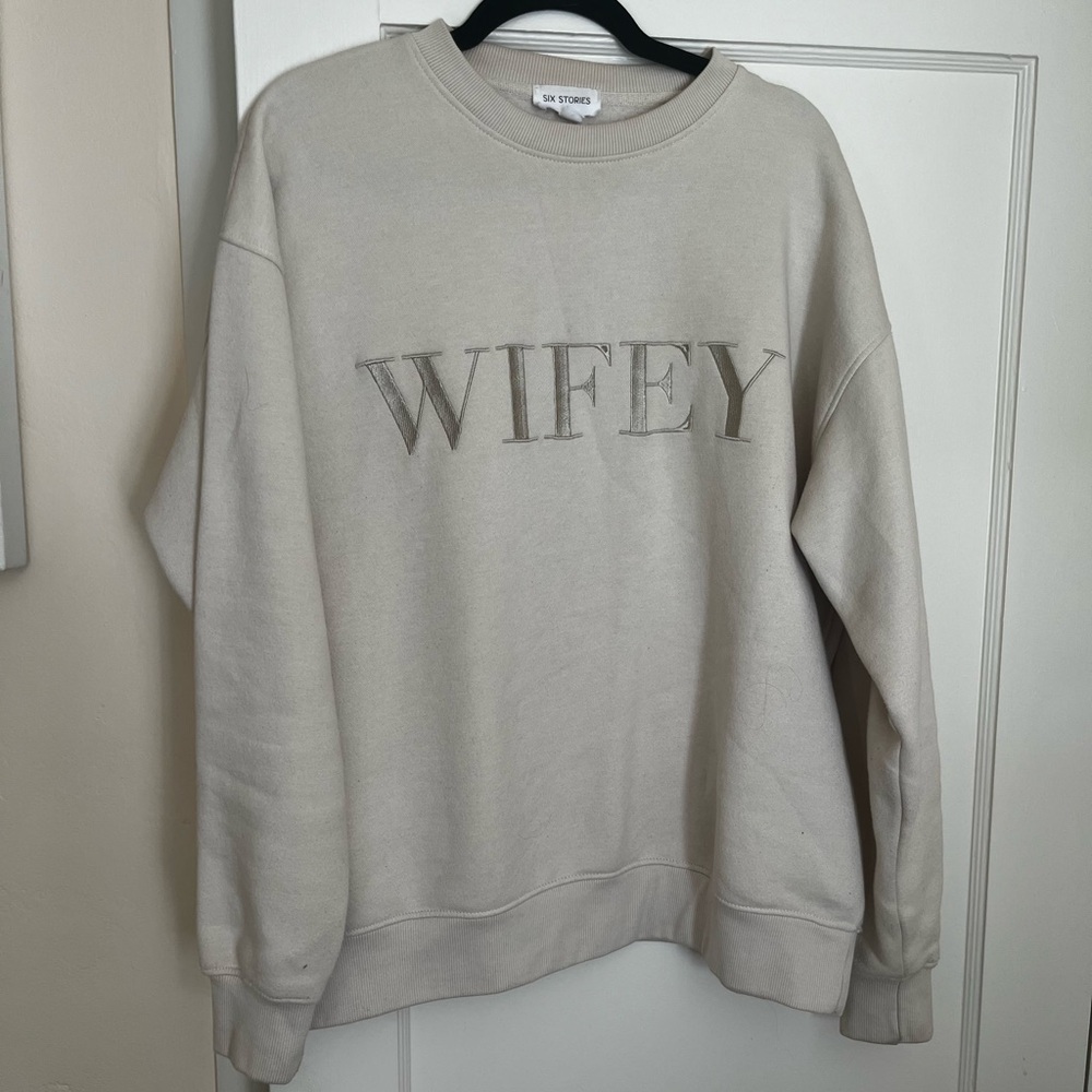 Six Stories WIFEY Cozy Crew Neck Sweatshirt Large (tan / cream)